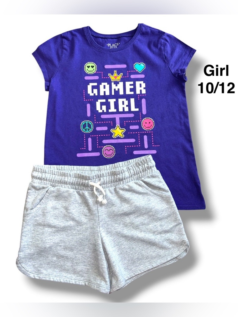 Purple 'Gamer Girl' Graphic Tee and Light Gray Shorts Set